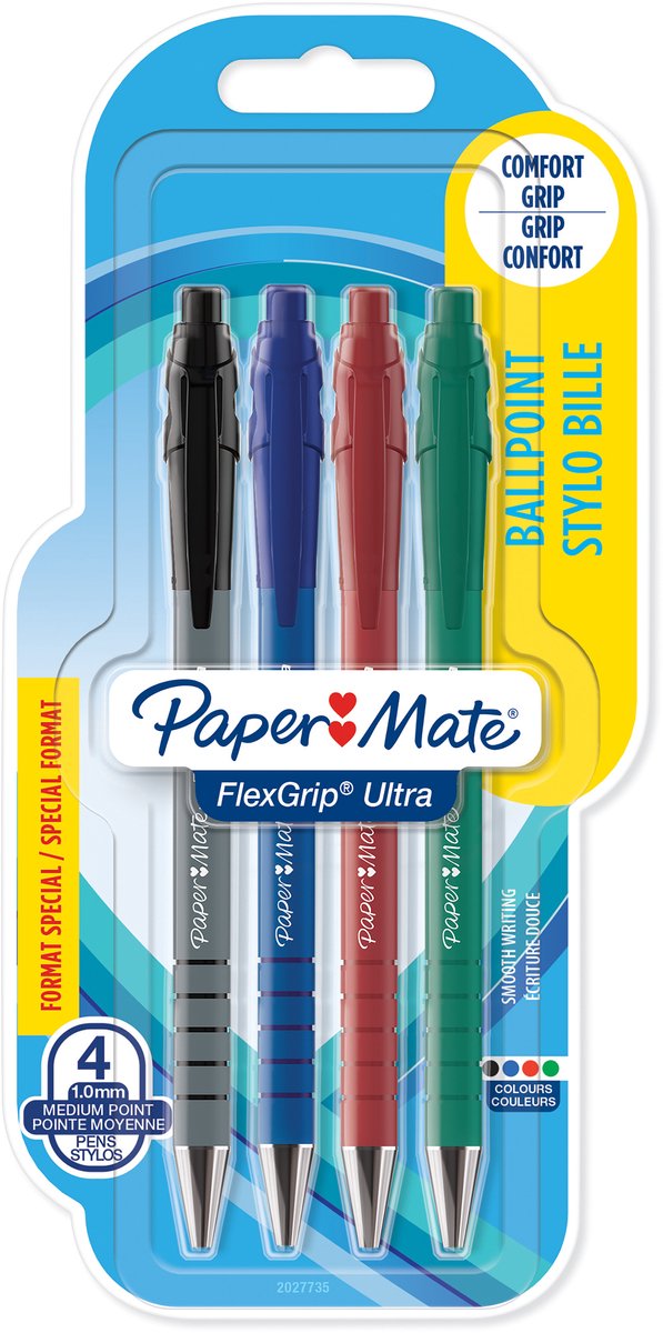 Stylos à bille Paper Mate Flexgrip Ultra avec bouton poussoir | pointe moyenne (1,0 mm) | différentes couleurs | 4 pièces