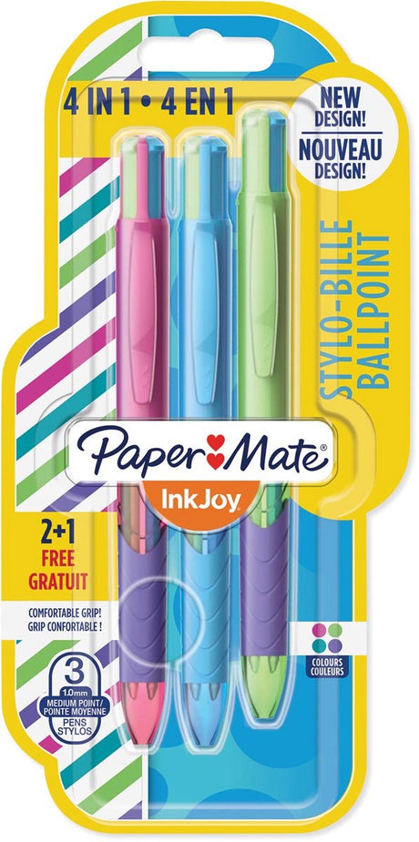 Paper mate inkjoy quatro joie de vivre stylo à bille 4 couleurs | moyen | couleurs d'encre classiques | blister 2 + 1 gratuit