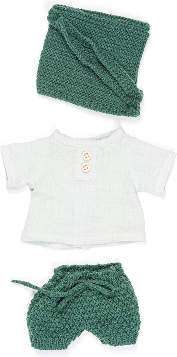 Poupées Miniland ml : ensemble de vêtements vert blanc pour garçon 32cm, 3 pièces, pull, pantalon et chapeau, avec cintre, 3+