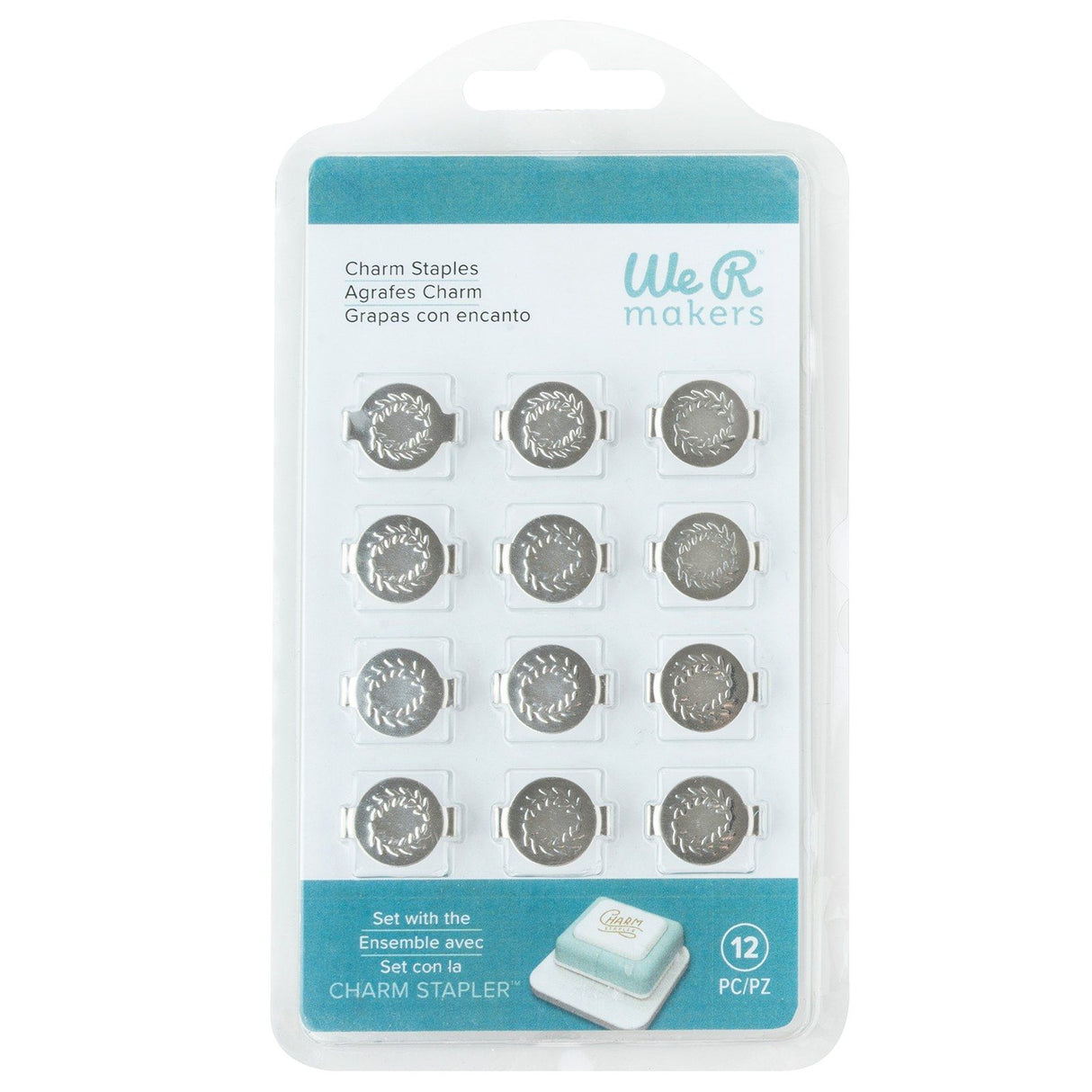 We r makers • breloques agrafes rondes avec feuille en relief argent 12pcs