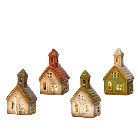 Lumineo huisje keramiek met led 13x7,5x5,5cm 4 assorti
