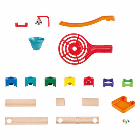 Hape Marble Track Wood - Piste à billes en bois de 128 pièces avec spirales, cloche et 40 billes, à partir de 3 ans