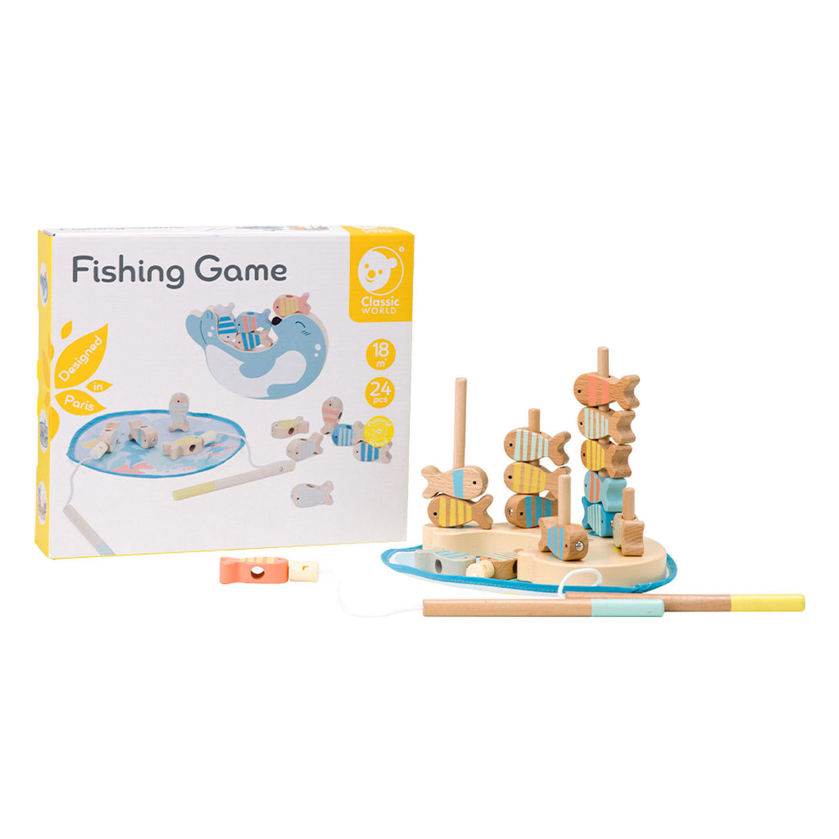 Sceau de jeu de pêche en bois du monde classique, 24 pcs.