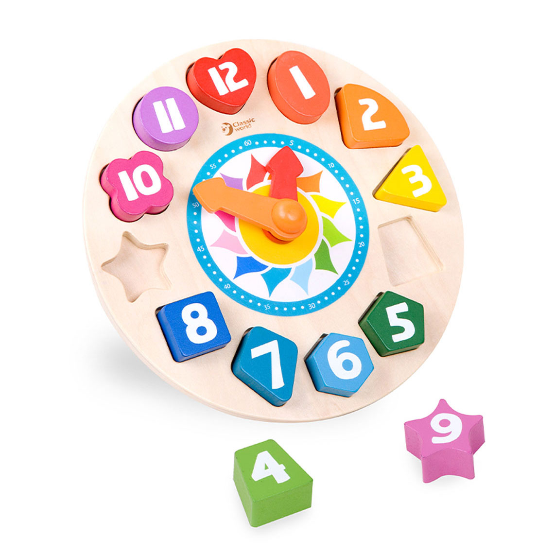 Horloge d'apprentissage en bois du monde classique avec formes tic-tac, 15 pcs.