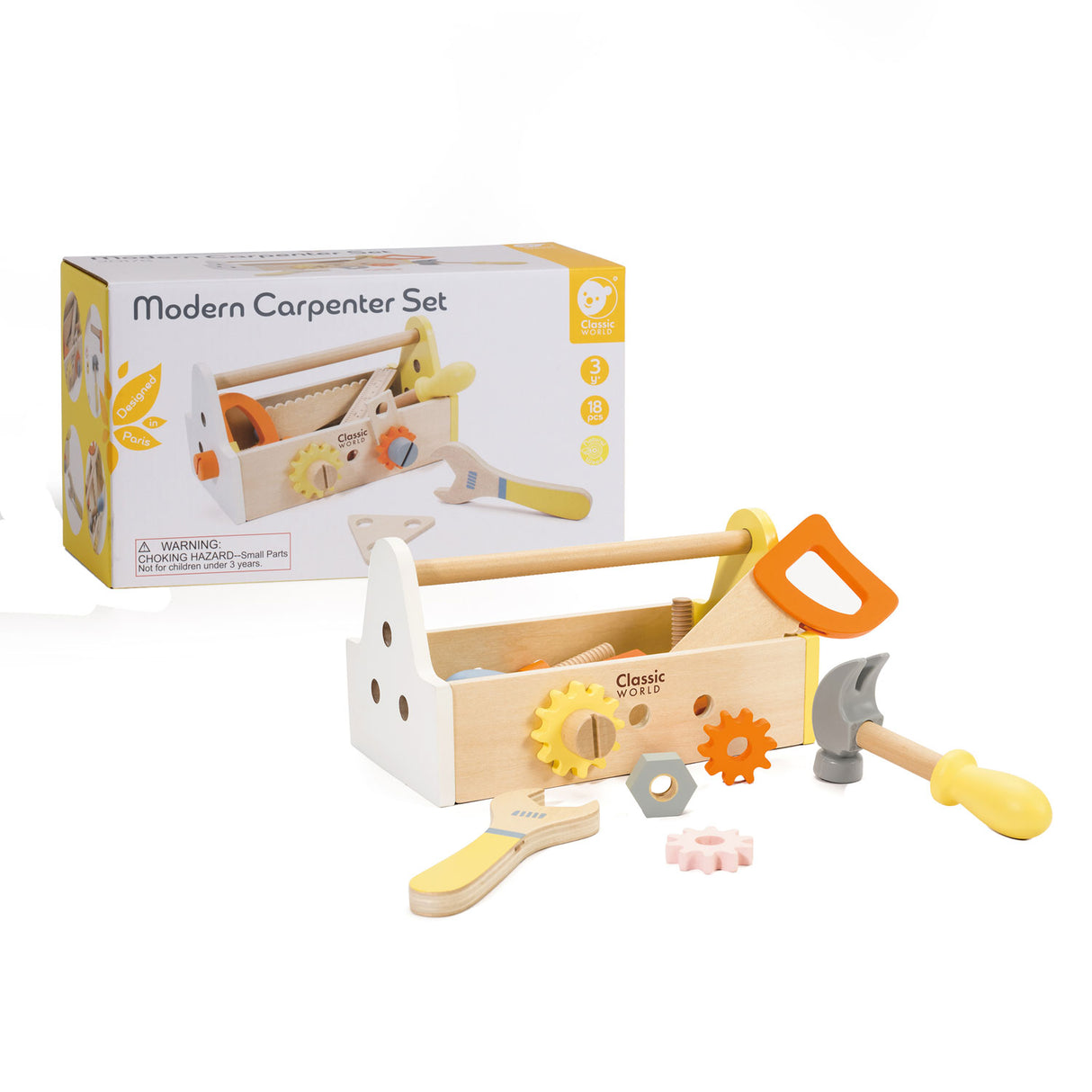 Classic World World Coffret de menuisier en bois avec boîte à outils, 18 pièces.