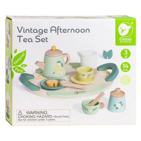 Service à thé vintage en bois du monde classique avec plateau, 14 pièces.