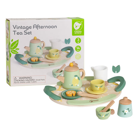 Service à thé vintage en bois du monde classique avec plateau, 14 pièces.
