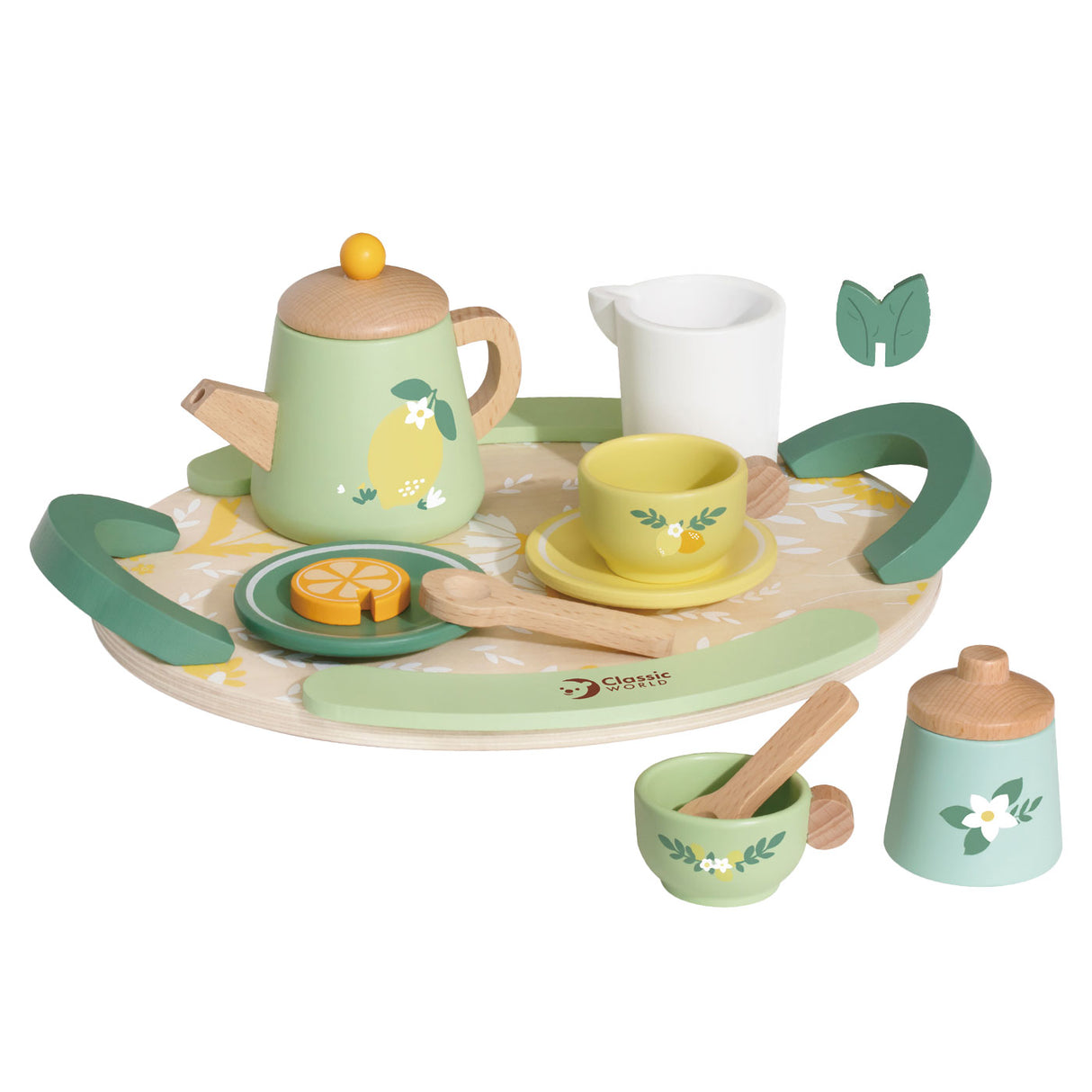 Service à thé vintage en bois du monde classique avec plateau, 14 pièces.