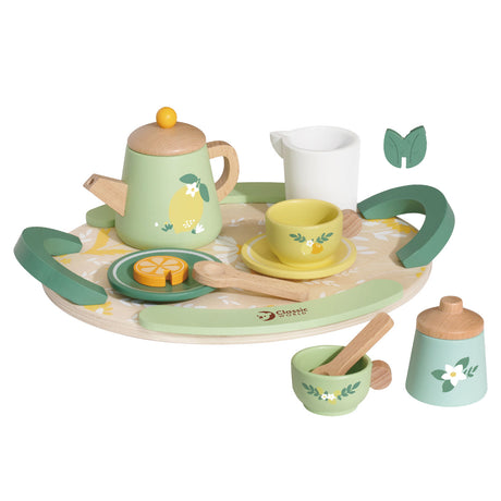 Service à thé vintage en bois du monde classique avec plateau, 14 pièces.