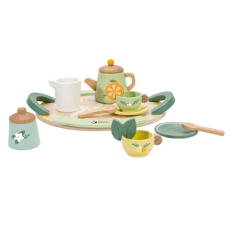 Service à thé vintage en bois du monde classique avec plateau, 14 pièces.