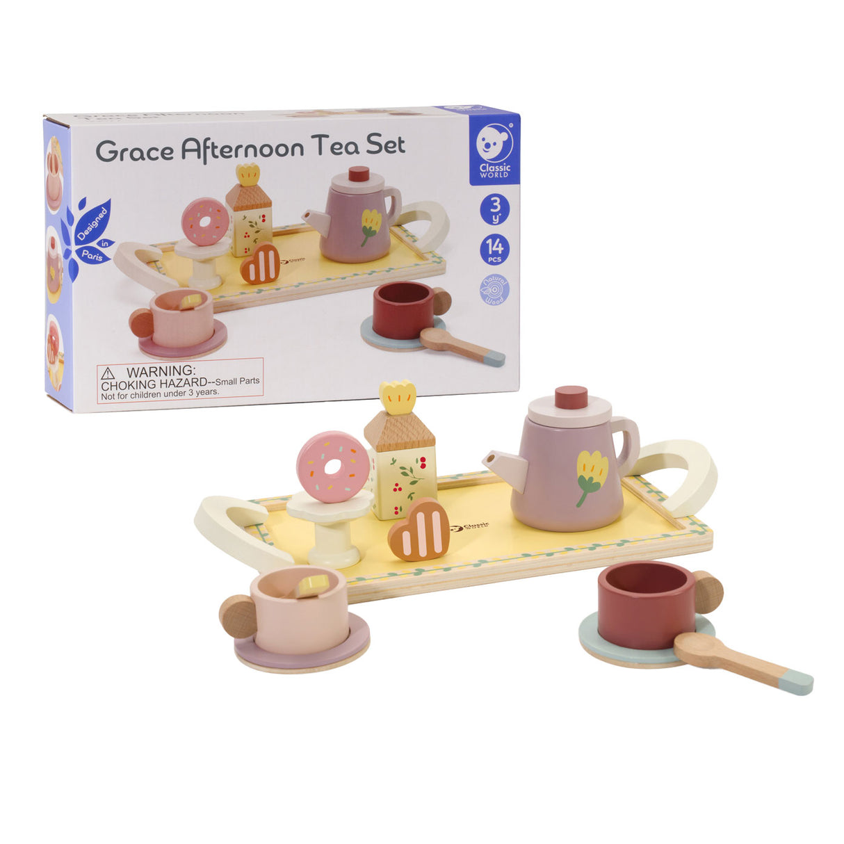 Service à thé en bois du monde classique grâce avec plateau, 14 pièces.