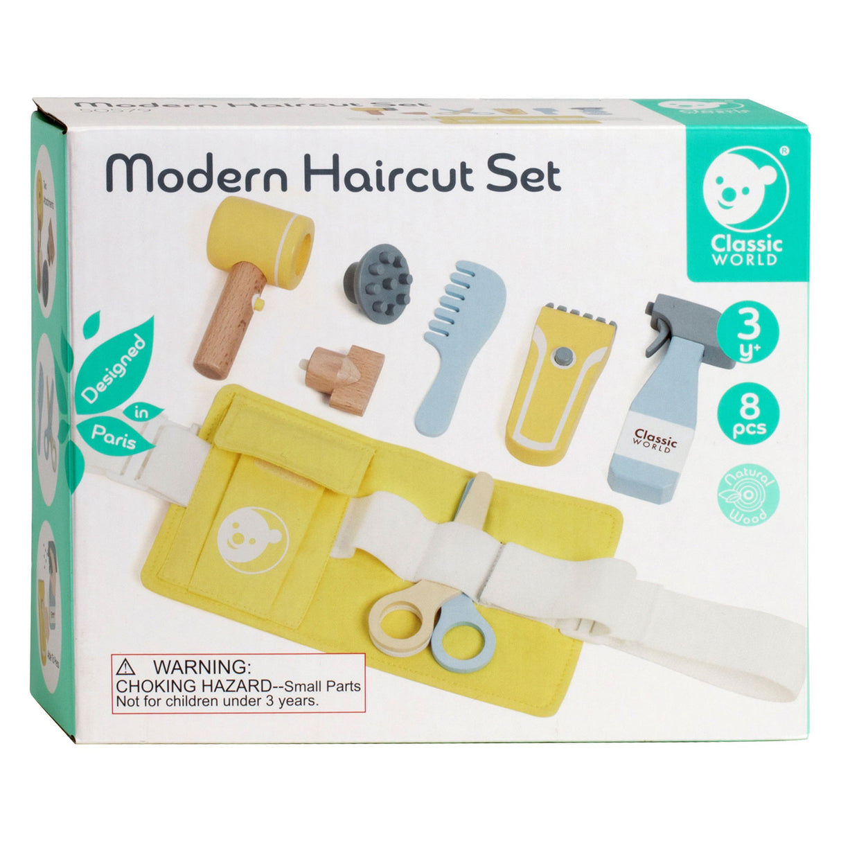 Ensemble de coiffeur de jeu en bois Classic World World moderne, 8 pièces.
