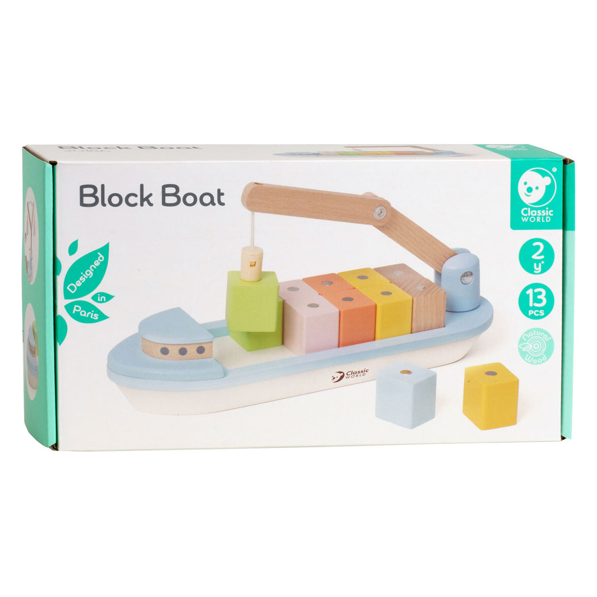 Classic World World Houten Blokkenboot met Kraan, 13dlg.