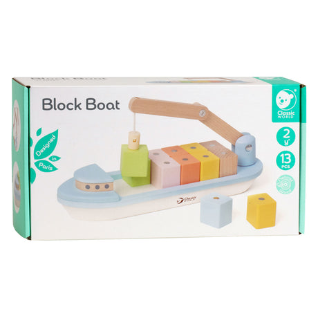 Bateau en bloc de bois Classic World World avec grue, 13 pcs.