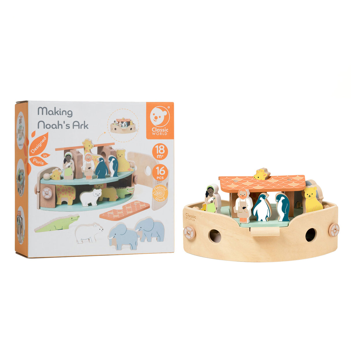 Ensemble de construction de bateaux Arche de Noé en bois du monde classique avec des animaux, 16 pièces.