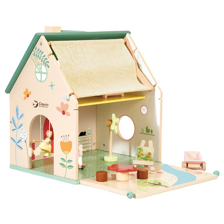 Maison de poupée en bois du monde classique - maison de poupée avec jardin et accessoires.