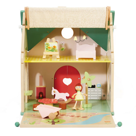 Maison de poupée en bois du monde classique - maison de poupée avec jardin et accessoires.