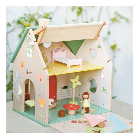 Maison de poupée en bois du monde classique - maison de poupée avec jardin et accessoires.