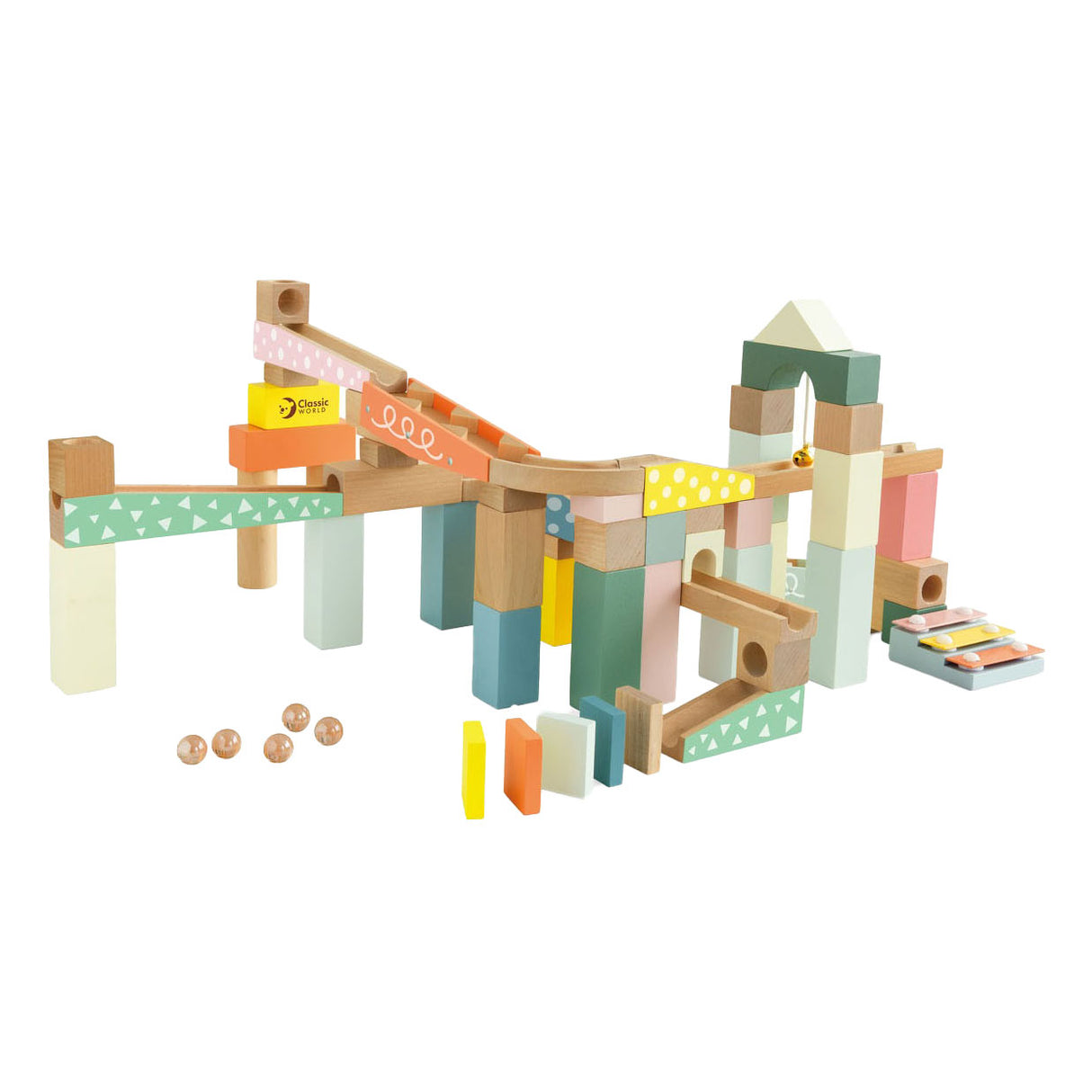 Ensemble de construction de piste de marbre en bois du monde classique, 62 pièces.