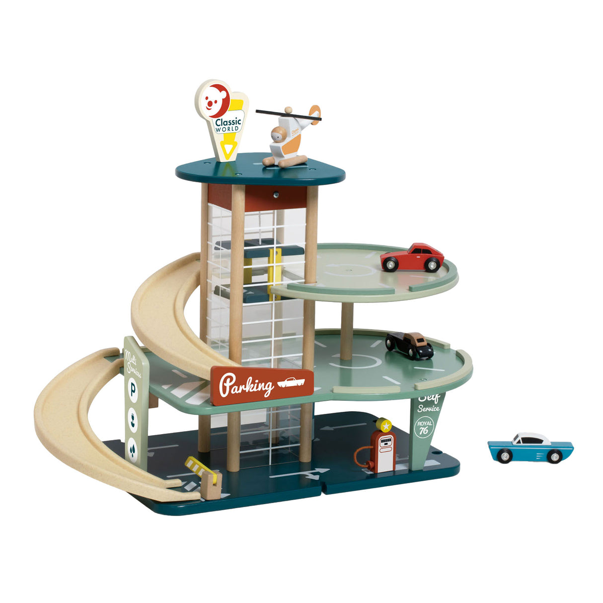 Jouets de garage vintage en bois du monde classique avec voitures et ascenseur, 11 pièces.
