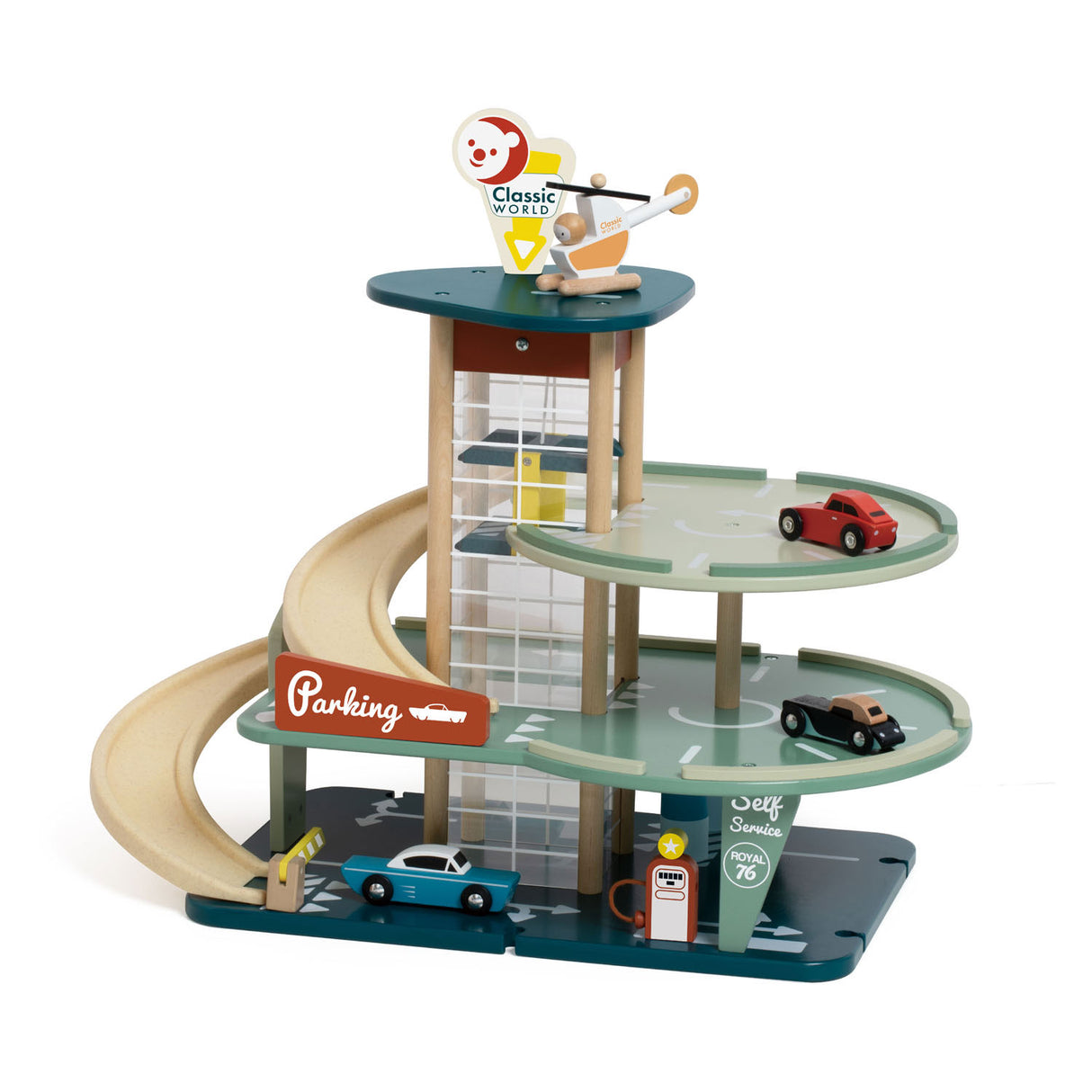Jouets de garage vintage en bois du monde classique avec voitures et ascenseur, 11 pièces.