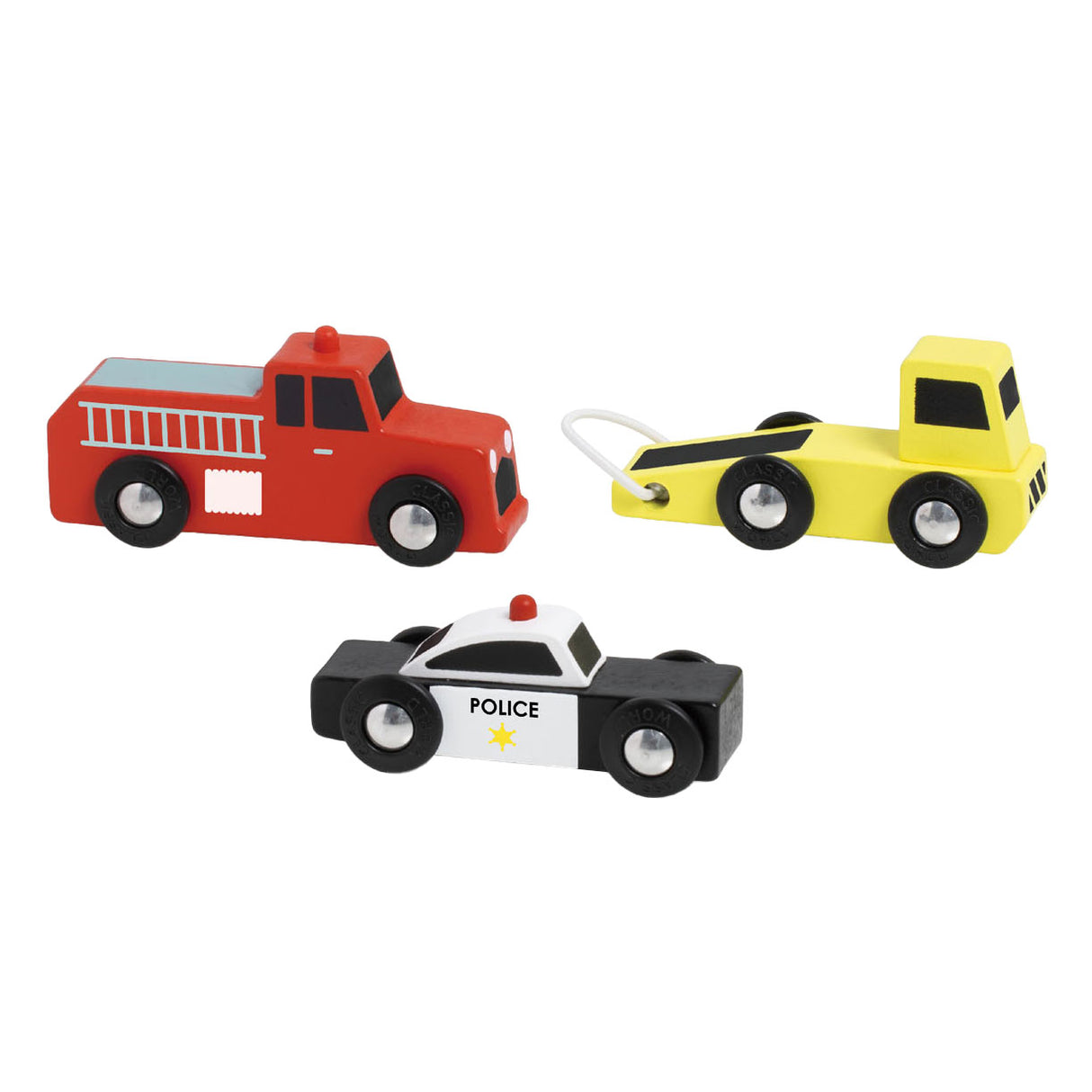Ensemble de voitures de service d'urgence en bois du monde classique, 3 pcs.