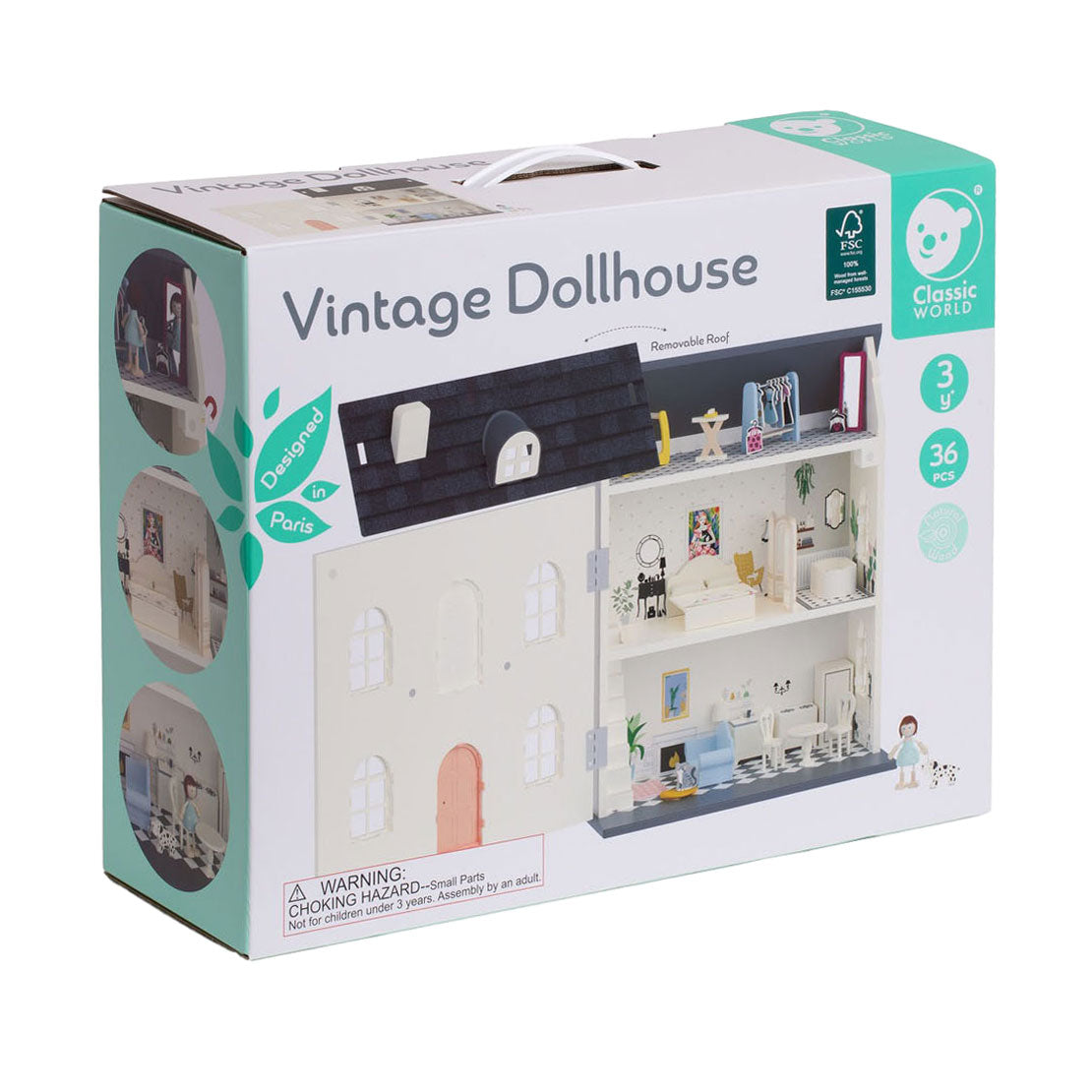Maison de poupée vintage en bois du monde classique, 36 pièces.