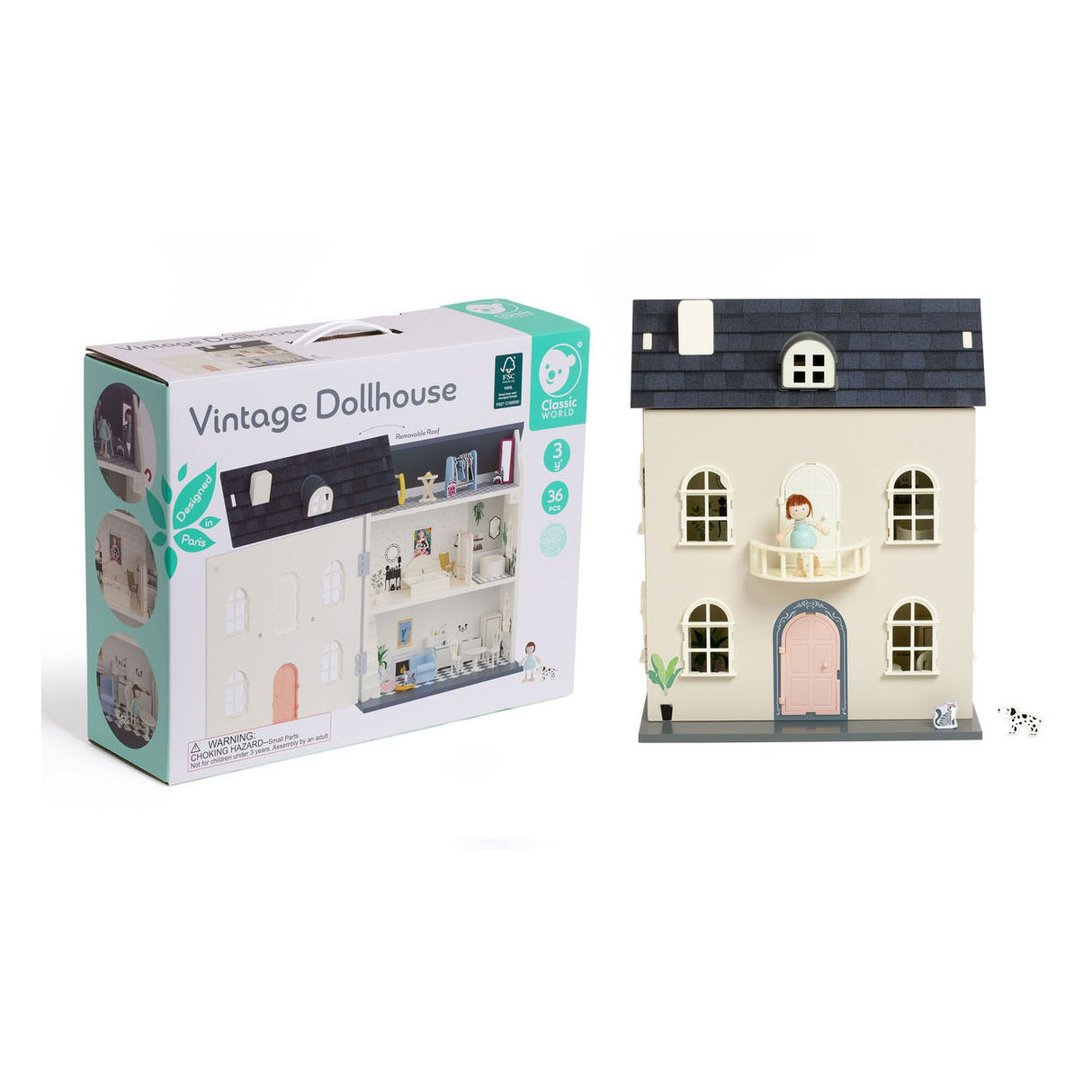 Maison de poupée vintage en bois du monde classique, 36 pièces.