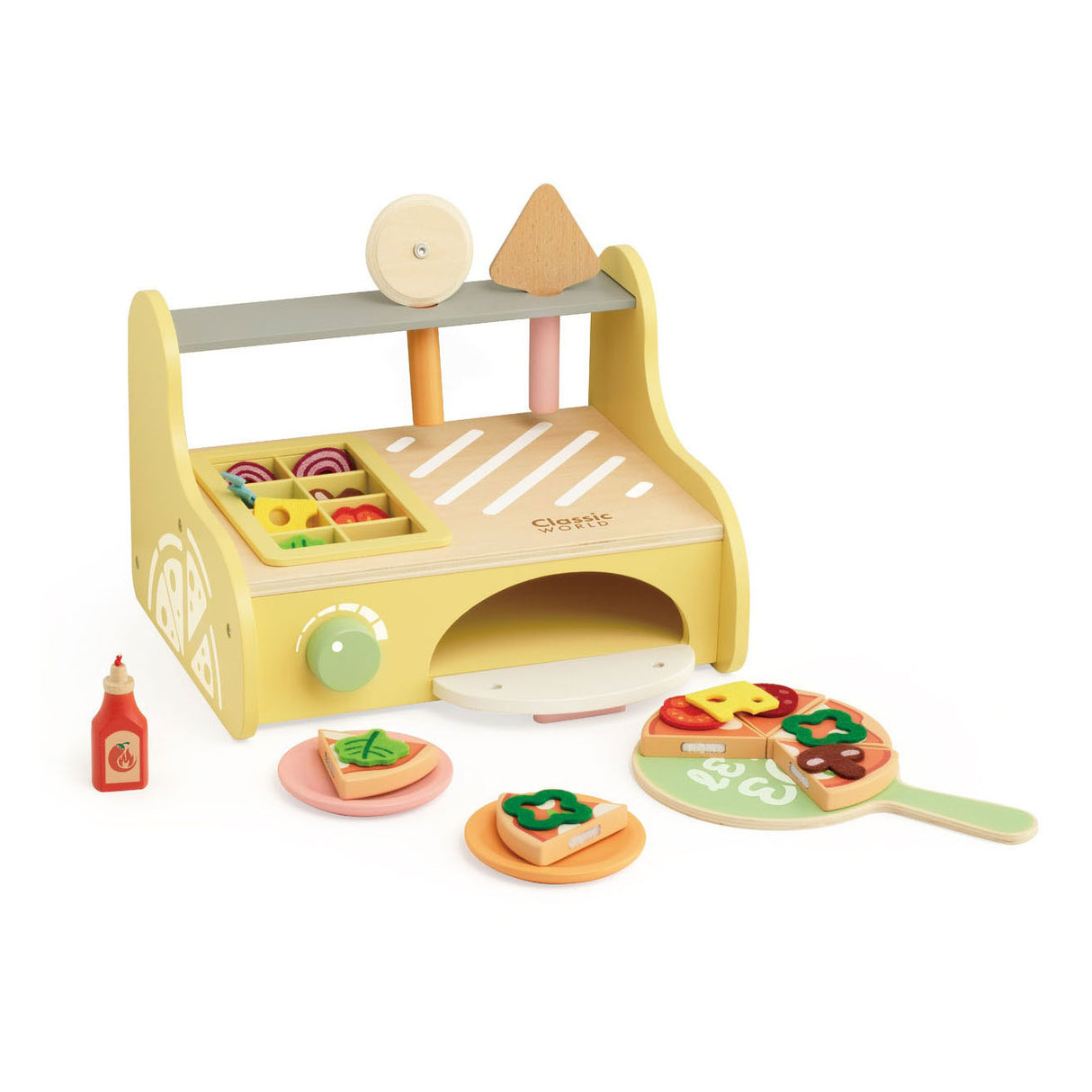 Ensemble de jeu de four à pizza en bois du monde classique, 7 pièces.
