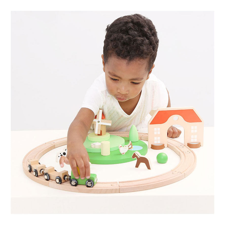 Ensemble de jeu de train de ferme en bois du monde classique, 28 pièces.