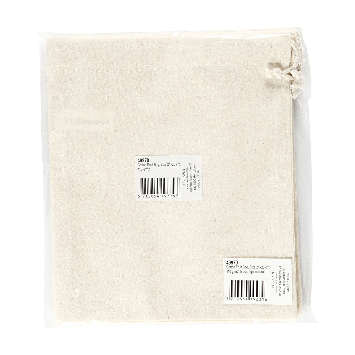 Société créative https : www.ccobby.nl fabric-bag-size-21x25-cm-110-gr-light-natural-5-piece-1-box