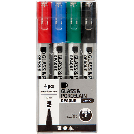 Société Creativ https : www.cchobby.nl marqueurs verre-porcelaine-épaisseur de ligne-1-2-mm-semi-opaque-noir-bleu-vert-rouge-4-pièces-1-boîte