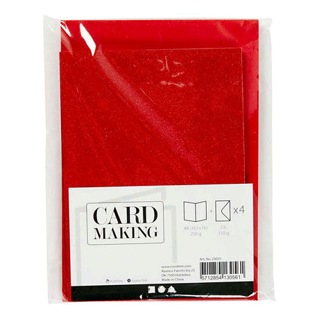 Cartes et enveloppes d'entreprise Creativ, format carte 10,5x15 cm, format enveloppe 11,5x16,5 cm, paillettes, 110+250 gr, rouge, 4 set 1 boîte