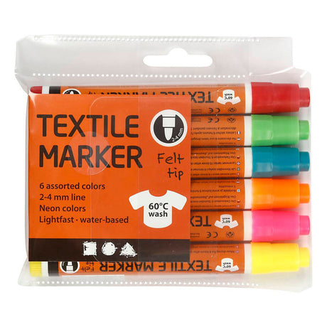 Marqueurs textiles, largeur de trait 2-4 mm, couleurs néon, 6 pièces, 1 boîte