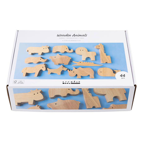Creativ company animaux en bois, ferme et safari, h : 3-14,5 cm, épaisseur 2 cm, 44 pièces 1 boîte