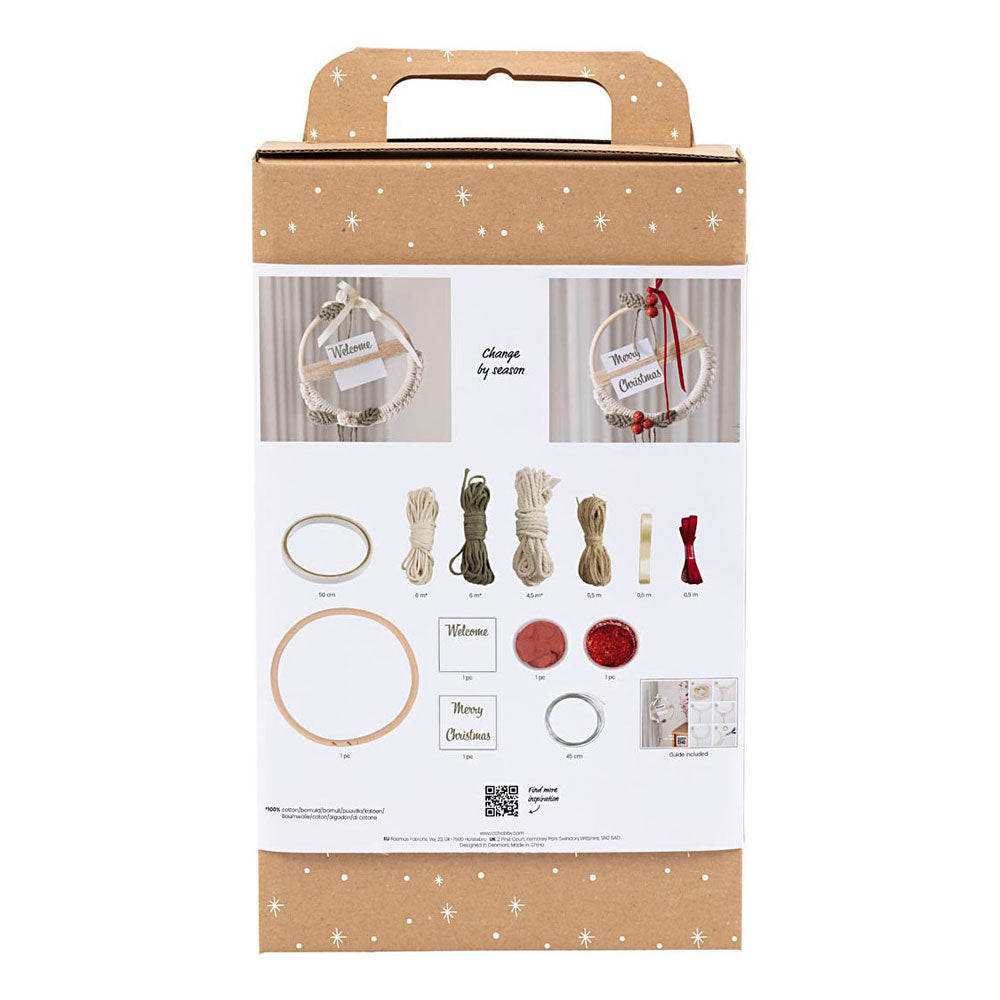 Creativ company hobby set macramé, couronne de Noël, vert mousse, rouge de Noël, blanc cassé, 1 boîte