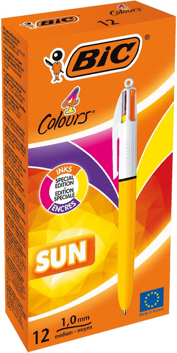 Bic 4 couleurs soleil, stylo bille, 0,32 mm, 4 couleurs d'encre mode, corps jaune, boîte de 12