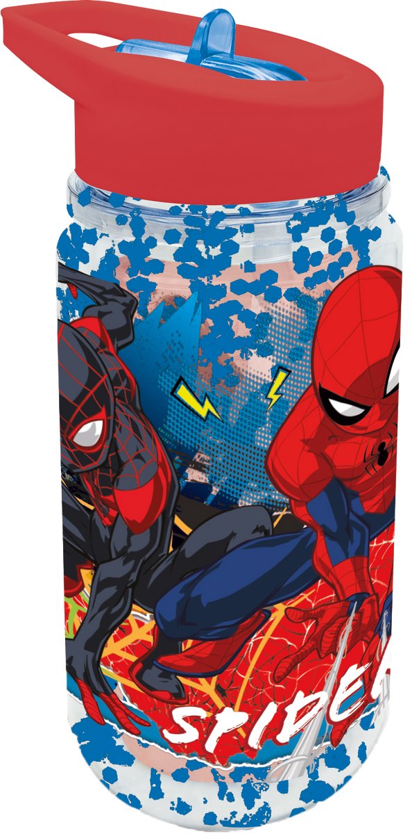 Gourde Stor Marvel's Spider-Man Tritan - 330 ml - avec effet pailleté - passe au lave-vaisselle sans BPA - gourde avec paille pour enfants - bleu transparent rouge