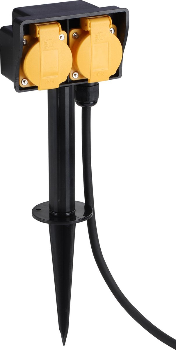Prise Q-link - 2 voies - sur spigot - mise à la terre - protégée contre les projections d'eau (ip44) - 3 x 1,5 mm² - 3 m - caoutchouc - noir