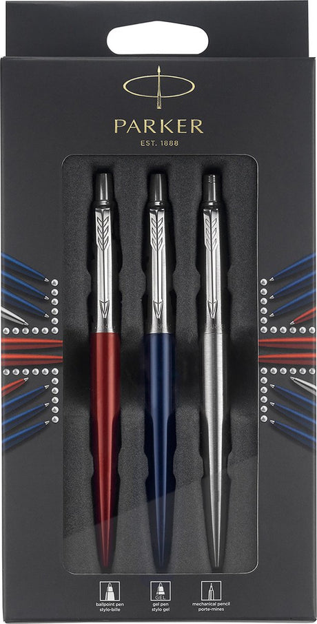 Coffret cadeau Parker Jotter London Trio Discovery avec stylos et crayons : stylo à bille (bleu royal), stylo gel (Kensington rouge) et porte-mine (acier inoxydable)