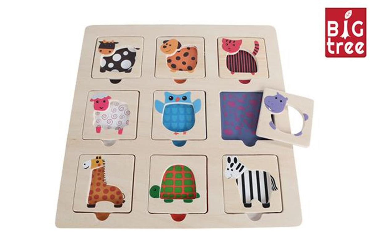 Puzzle incrustation en bois, trouvez l'animal par la couleur, 9 pcs.