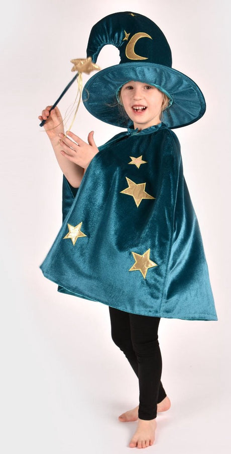 Den Goda fen costume magicien - cape, chapeau et baguette - 3-8 ans - bleu pétrole