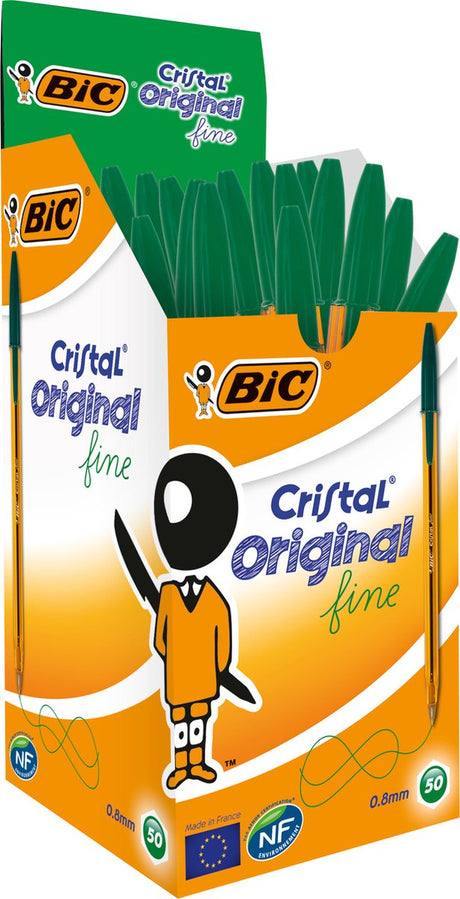 Stylos à bille fins Bic cristal original - vert - boîte de 50 pièces - pointe fine 0,8 mm
