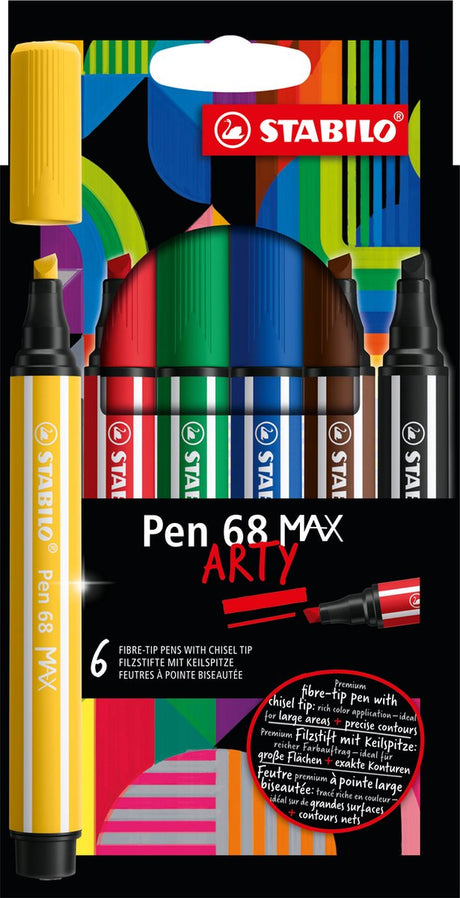 Stabilo pen 68 max arty - feutre à pointe biseautée épaisse - lot de 6 pièces