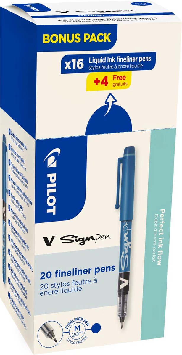 Stylo Pilot fineliner v-sign, boîte de 16 + 4 pièces, bleu