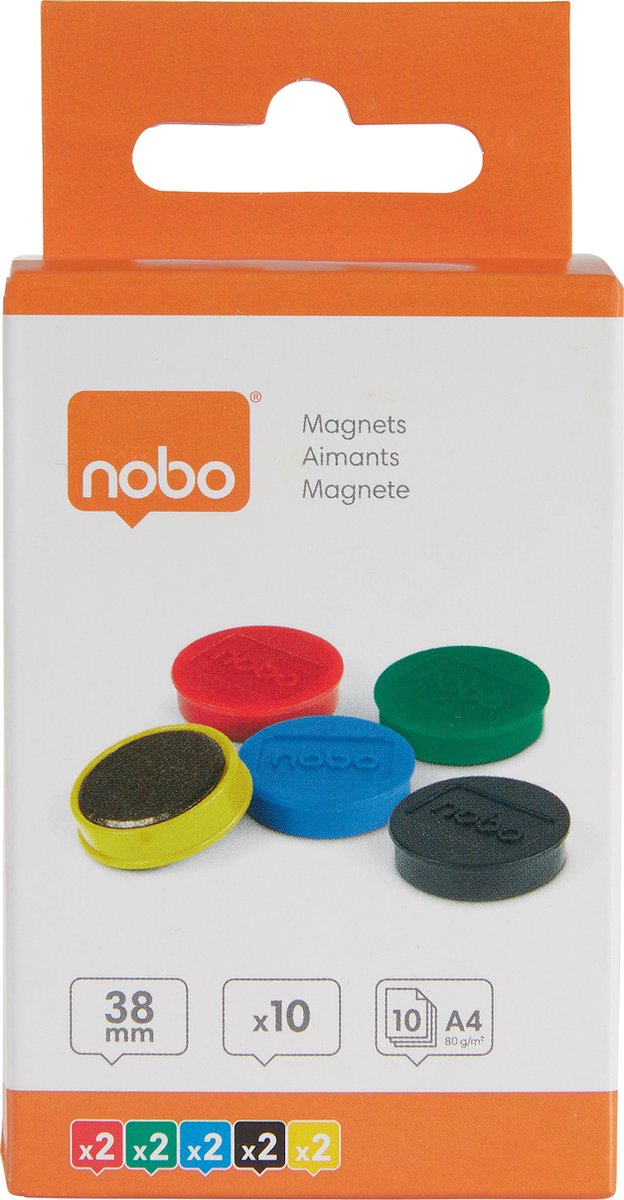 Aimants magnétiques pour tableau blanc Nobo - pack de 10 - Aimants 38 mm - couleurs assorties