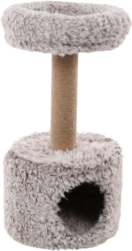 Flamingo krabpaal – odie taupe – 40x40x70 cm – compacte krabpaal met gewatteerd ligplateau schuilhuisje – kattenmeubel met jute krabtouw langpolige pluche – zachte kattenboom voor alle kattenrassen