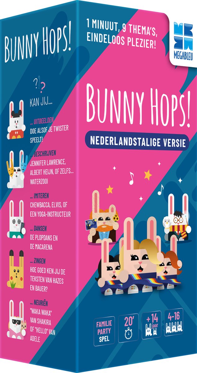 Megableu bunny hops - le jeu de société bourré d'action par excellence - pour jeunes et adultes - à partir de 14 ans - 4 à 16 joueurs - décrire, chanter et mimer