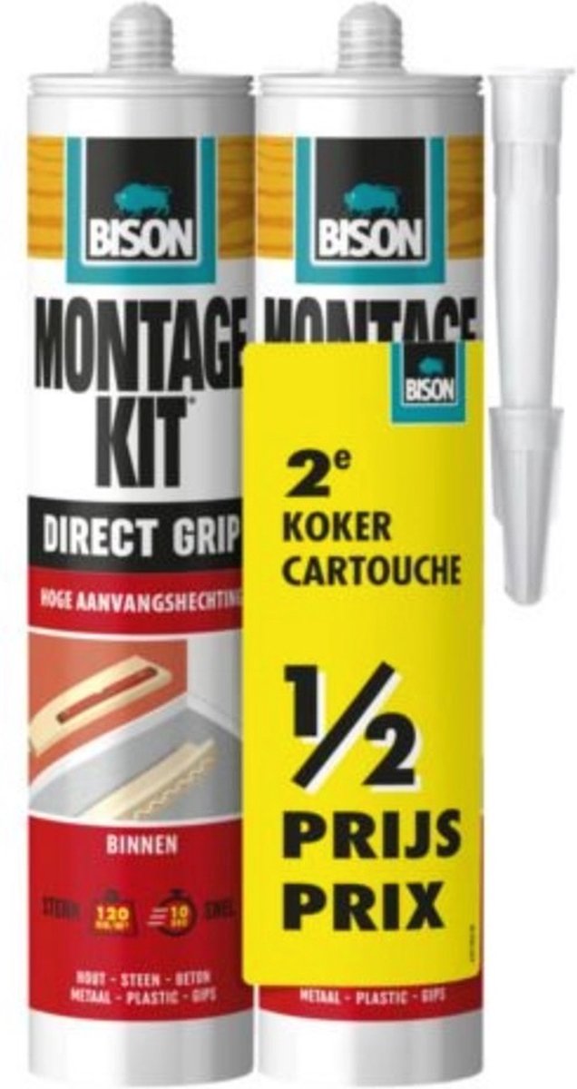 Kit de montage Bison tube à prise directe 2x 370 g, emballage duo, 2ème tube à moitié prix, extra fort, adhérence initiale élevée, colle de montage, montage, haute résistance finale, intérieur et extérieur, facile à utiliser