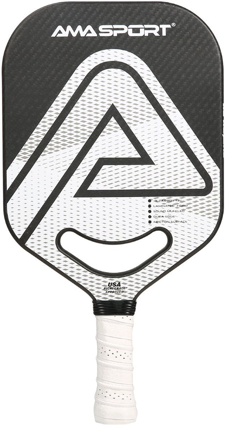 Pagaie de pickleball Ama sport pp002-3kw blanc noir – surface en carbone 3k – noyau 20 mm – gorge dynamique aéro-duraedge air –